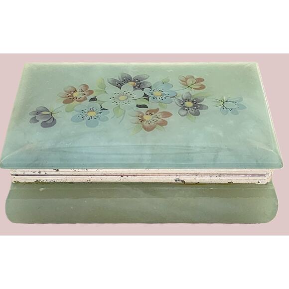 Trinket/Jewelry Box-Alabaster-Green-Flowers-Hinged Edge - Picture 3 of 13